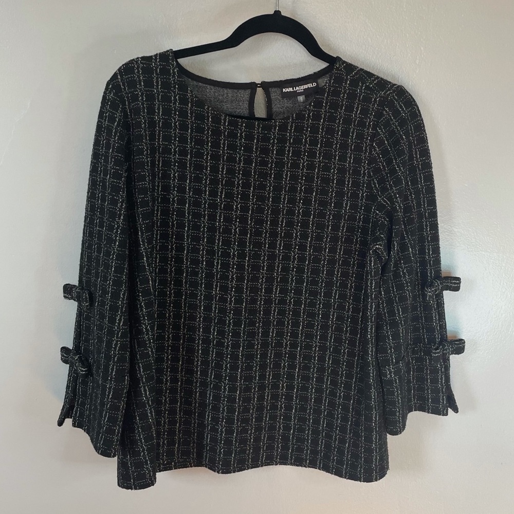 Karl Lagerfeld Tweed Plaid Bow Sleeve Top